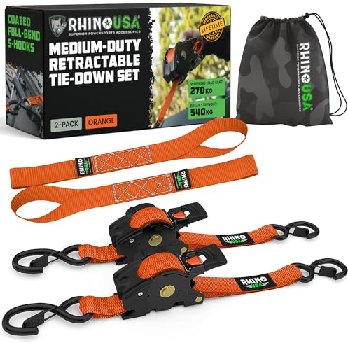 Rhino USA Cinghie a Cricchetto Retrattili (Confezione da 2) - 2.5cm x 3m (540kg di Resistenza alla Rottura) - Cinghie di Fissaggio Automatiche per Camion, Rimorchi, Moto, Bici & Altro - Arancione