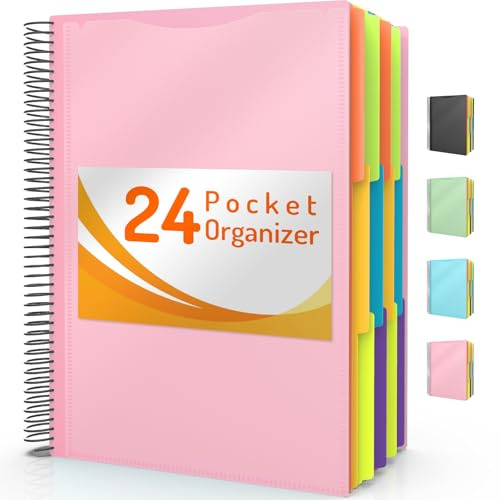 Forvencer 24 Pocket Project Organizer, 1/3-cut Tab Binder Organizer with Sticky Labels, Multi Pocket Folder with Zipper Pouch, Folder Binder Spiral Pocket Notebook, Office Supplies