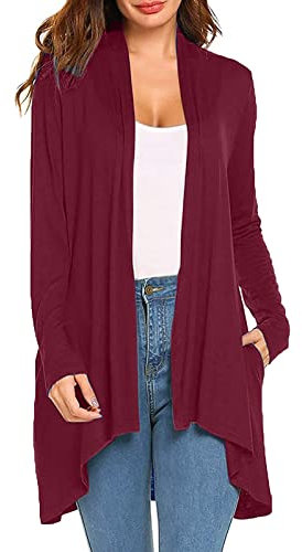 IQYU Dünne Strickjacke Damen Lang - Leichte Cardigan Damen Sommer Cardigan V-Ausschnitt Damenmantel Weiche Luftig Schulterjacke Mit Taschen Sommerjacke Wasserfall Strickmantel Herbst Strickjacke
