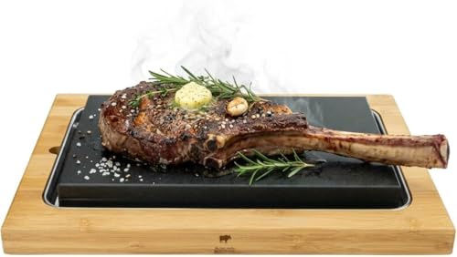 BEEFSTONE Set di mattoni lavici per bistecche, extra grande, in pietra calda, in pietra lavica e piastra in porcellana, carne, pesce grigliato su pietra calda (XXL)