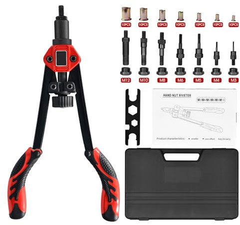 H HOLDPEAK Pince a Insert Fileté, 13 Pince a écrous à rivets, Kit Professionnel Outil à Riveter avec 70 écrous et 7 Mandrins M3-M12 facile à remplacer, Pince a Rivet Fileté avec étui de transport