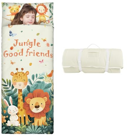 Schlafsack Kinder Doppelter Reißverschluss Weich Warm, Faltbare Kinderschlafsack mit Kissen Abnehmbar für Mädchen Jungen, Leicht Reinigen Schlafsack für Outdoor Indoor Camping, 150×60cm Cartoon-Tiere