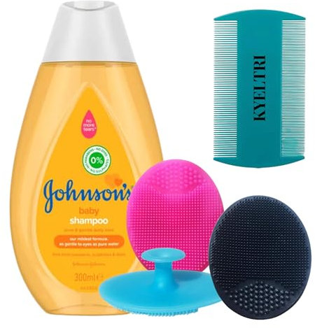 Cradle Cap Treatment for Baby Including 3 Kyeltri Silicone Cradle Cap Brushes & Fine Tooth Cradle Cap Comb Bundled with Johnson's Baby Shampoo