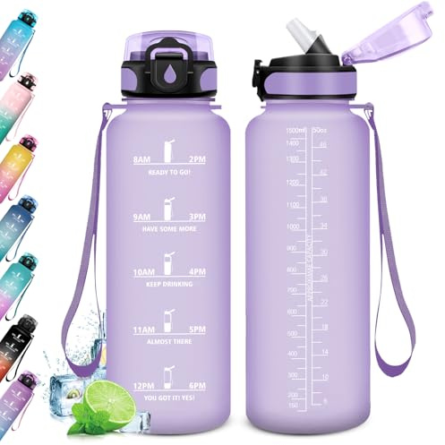 Borraccia 1.5L, Bottiglia con Cannuccia, Borraccia con Indicatore del Tempo Motivazionale, Bottiglia Riutilizzabile, a Prova di Perdite, Borracce per Sport, Palestra, Scuola, Gym, Ufficio, Yoga