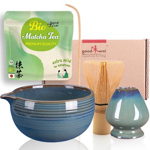 Goodwei BIO Matcha aus Japan im Matcha-Set komplett mit hochwertiger Matcha Schale aus Keramik, Matcha Besen und Besenhalter | Geschenkset für Teezeremonie (Menouseki mit Ausgießer)