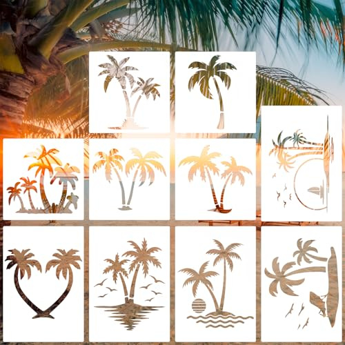 Tinoaly 10 Pièces Pochoir Palmier pour Peinture, 2 Tailles Réutilisables Pochoir Plage d'Été Modèles d'Arbre pour Peindre sur les Murs la Toile les Meubles l'Artisanat de Bricolage