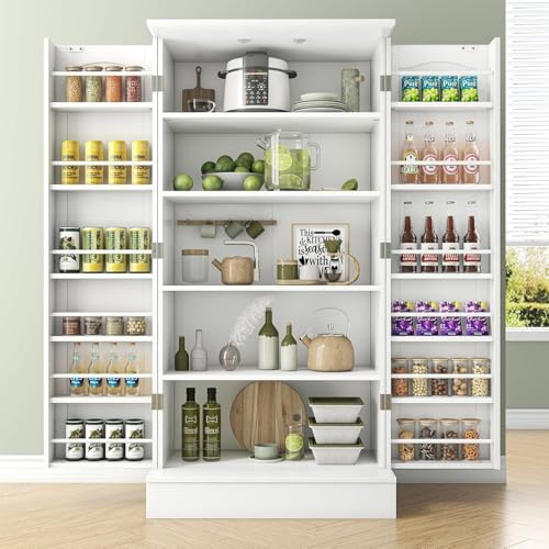 Feonase Kitchen Cupboard, 47” Pantry Organiser and Storage, Freestanding Pantry Cabinet with Doors and Adjustable Shelves, 60cmX40cmX120cm Ideal for Kitchen, Living Room and Dining Room