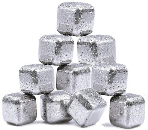 FLOW Barware Metal Whiskey Stones | 10x Metal Ice Cubes for Whiskey, Wine & Gin & Tonic | Steel Ice Cubes Filled with A Quick Freeze Gel for Undiluted Drinks | Silver