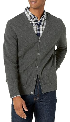 Amazon Essentials Men's V-Neck Cotton Knitted Cardigan Sweater, Ribbed, Charcoal Heather, Small