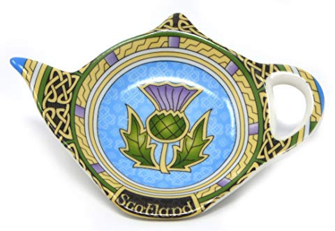 Wise Friends Support pour sachets de thé écossais avec chardon – Sous-tasse en forme de théière/soucoupe écossaise en porcelaine anglaise Accessoires celtiques Diamètre 10 cm