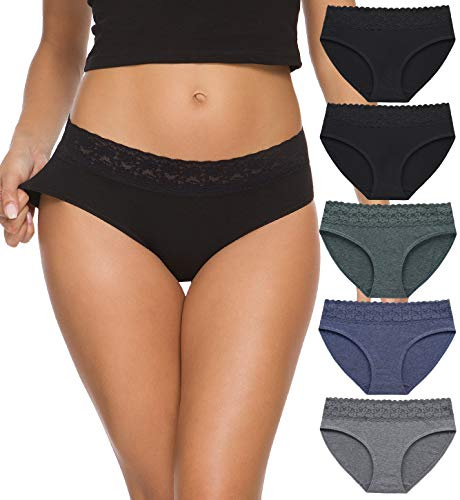 GNEPH Cotton Hipster Panties for Women Underwear Lace Bikini Hip-huggers Panties 5 Pack(218M-Dark-2)