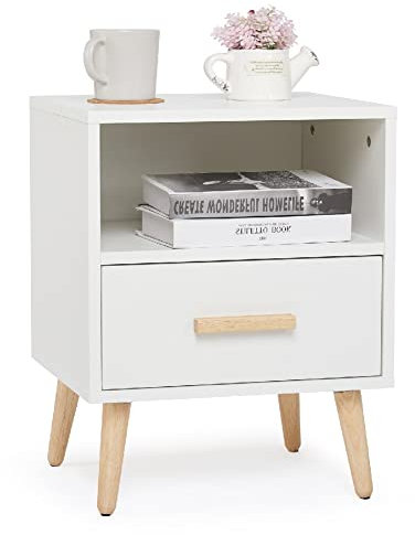 Mondeer Nachttisch, Nachtschrank mit 1 Schublade und 1 Offenem Fach, Holz Modern Nachtkommode mit Massivholzfüßen, Beistelltisch für Schlafzimmer Wohnzimmer, 40 x 35 x 51cm, Weiß