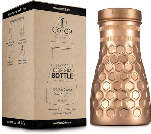 Cop29 Borraccia fatta a mano Dolny Shiny a nido d'ape in rame per camera da letto, brocca con coperchio, caraffa d'acqua da comodino (uso interno con coperchio allentato) – 1000 ml/34 oz