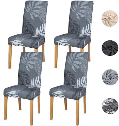 Meision Stuhlhussen 4 oder 6er Set Stretch Stuhlhussen Abnehmbare Waschbar Spandex Stuhlüberzug Stuhlbezug Stretch Universale für Hotel, Zeremonie, Bankett, Restaurant, Zuhause(4er Set, Graue Blatt)