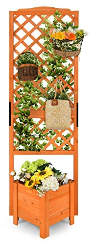 COSTWAY Letto Rialzato da Giardino con Spalliera, Fioriera in Legno con Traliccio da Esterno per Piante Rampicanti con Drenaggio per Giardino e Balcone, 54,5 x 52 x 180 cm