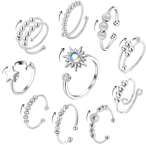 Uirheurd Anillo Antiestres 10 Piezas, Spinner Fidget Varios Estilos Ajustable para Mujeres y Hombres - Regalo de Joyería
