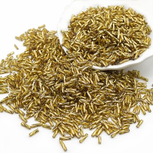 Gold Tube Bugle Beads, 2×6mm 1440 Pcs Colored Glass Beads for Jewelry Making, Earring, Necklace, Bracelet, Waist, Clothing Accessories