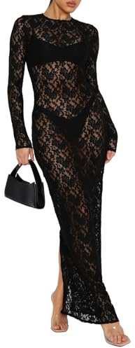 Robe longue sexy en dentelle transparente en patchwork dos nu pour la plage, les vacances, les fêtes, Robe à manches longues Noir, Taille M