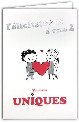 69-9046 Carte FÉLICITATIONS à vous 2 pour Union PACS Fiançailles Mariage +Enveloppe 12x17,5cm Illustration Couple Hétéro Argenté Brillant tenant un Cœur - Création Impression Fabrication Française