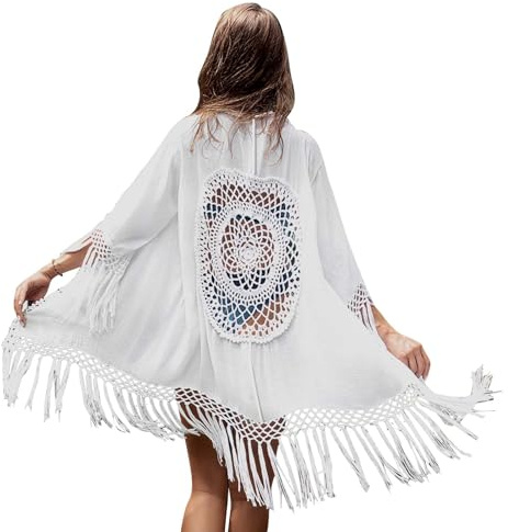 Cárdigans Kimono Largo con Borlas para Mujer Traje de Baño de Playa Bikini Cover Up Blanco, Kimono Mujer Cárdigan Verano Kimonos Bikini Cover Up Pareos Mujer Cárdigan Gasa Vestido de Playa