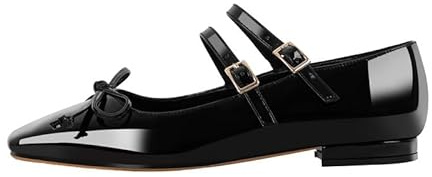 Mary Jane Shoes for Women Ballerinas Flat Pumps for Women Adjustable Buckle Up Flats Ballet Flats for Women Bows Square Toe Flats Patent Leather Two Straps Pumps Black Size 13
