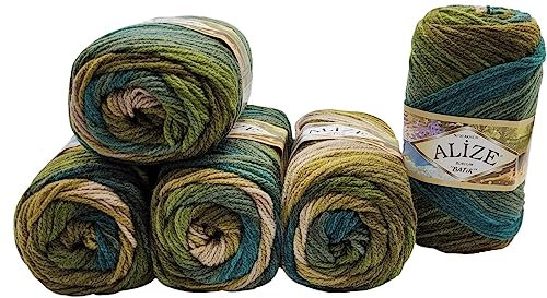 5 x 100 Gramm Ilkadim Export Burcum Batik Strickgarn mit Farbverlauf bunt, 5 x 100 Gramm Acryl Strickwolle mehrfarbig (beige grün 4684)
