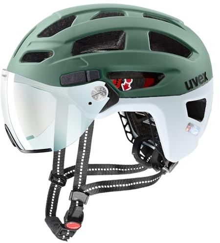 uvex Finale Visor V - sicherer Fahrradhelm für Damen und Herren - mit selbsttönendem Visier - LED-Licht - Moss Green-Cloud matt - 56-61 cm