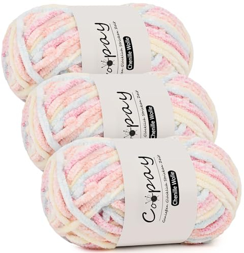 Coopay Lot de 3 Pelotes de Laine Chenille pour Crochet - 100g de Fil Velouté, Épais et Moelleux - Doux pour Couvertures, Écharpes, Touffes de Fleurs