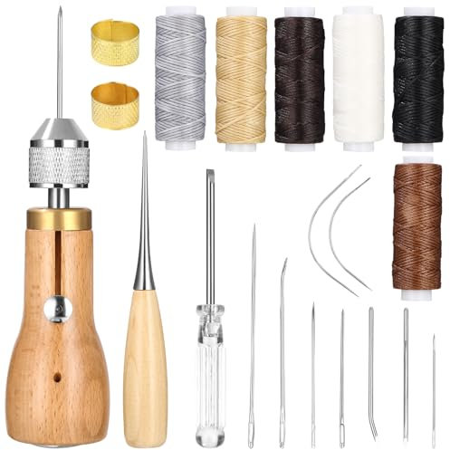 Cexovo Leder-Nähset,Leder Werkzeuge Set Leder NäHmaschine Enthalten Leder Nähahle,Hand Ledernadeln,6 Rollen Leder Wachsfaden,7pcs Nadel,Messingring,Spule,Greifer,Leder Werkzeuge Set für DIY Handwerk