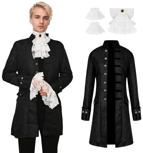 YORDET Men's Gothic Steampunk Coat Medieval Vintage Frock Coat Victorian Frock Coat Button Uniform Halloween Carnival Cosplay Costume (Black, XXL)