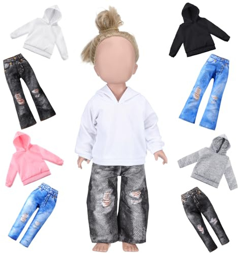 Bencailor 8 Pieces 18 Inch Doll Clothes Dolly Girl Accessories Summer Cotton Sweaters Denim Pant Regular Outfit Clothing for 18 Inch Doll(Black,White,Grey,Pink)