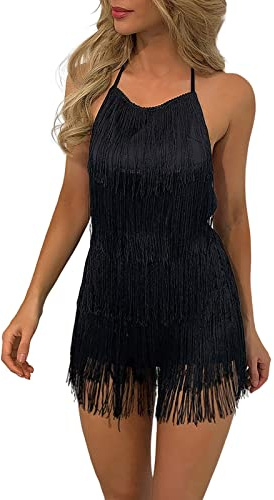 Abito da donna anni 20 Gatsby 1920er abito da donna nero abito a frangia da donna per ballo abito da flapper corto Charleston costume da carnevale Fasching a collo alto con frangia, Nero , S