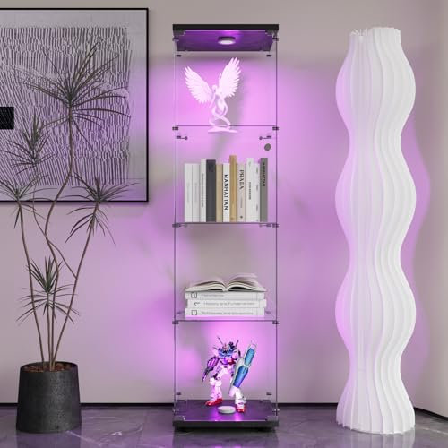 Callicarpa Glasvitrine Standvitrine, Vertikales Glas, Moderne Glas-Holzvitrine, 4-Stufige, 1-Türen, Glasvitrine Mit LED Beleuchtung Für Sammlerstücke, Bücher, Wein, Büro, Wohnzimmer, Küche