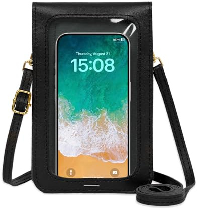 Toptime Handytasche Zum Umhängen, Touchscreen Fenster Umhängetasche Klein für Mädchen, Kompakt Handytasche Leder mit Verstellbarer Schultergurt, Mini Handtasche für Phone unter 6,7 Zoll (Schwarz)