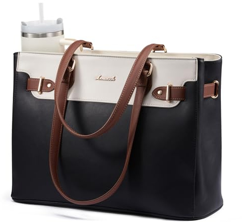 LOVEVOOK Laptop Tote Bag for Women Work, Teacher Tote Bag Nurse Bag with Large Cup Holder, 15.6 Inch Waterproof Leather Computer Bag Professional Business Office Briefcase, Black-beige-brown
