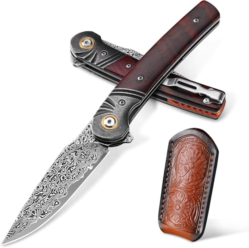 Omesio Damast Fällkniv 8,3cm Trähandtag Fickklämma EDC | Damastfällkniv med 8,3 cm blad, trähandtag och fickklämma, smidig EDC-kniv för vardagligt bruk
