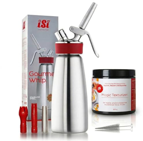 iSi Sahnespender 500ml Edelstahl – Profi Sahnesyphon für Schlagsahne & Espuma – Gourmet Whip inkl 3 Tüllen & Reinigungsbürste – Sahnesiphon Flasche + Magic Texturizer