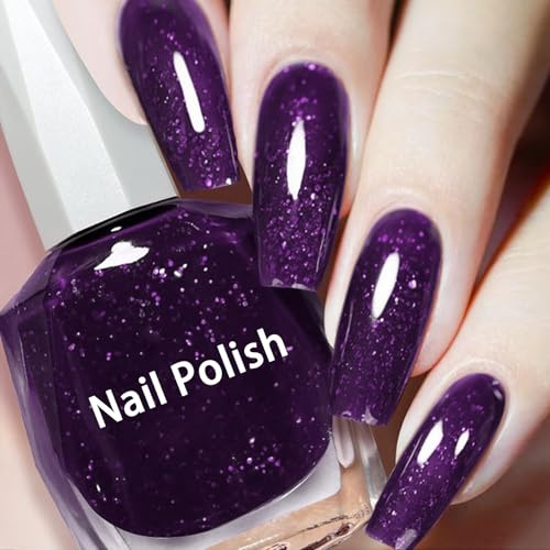 Sparkly Purple Nail Polish, Quick Dry Nail Polish, Glitter Gel Varnish Quick Dry Long Lasting Formula, Chip Resistant Salon At Home Manicure, No UV Lamp Needed DIY Fingernail Art