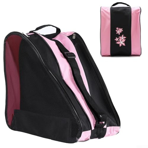 Sac de transport pour patins à roulettes et patins à glace, sac de transport respirant avec triple couche de rangement, convient jusqu'à la taille 44, comprend un compartiment pour casque (rose)