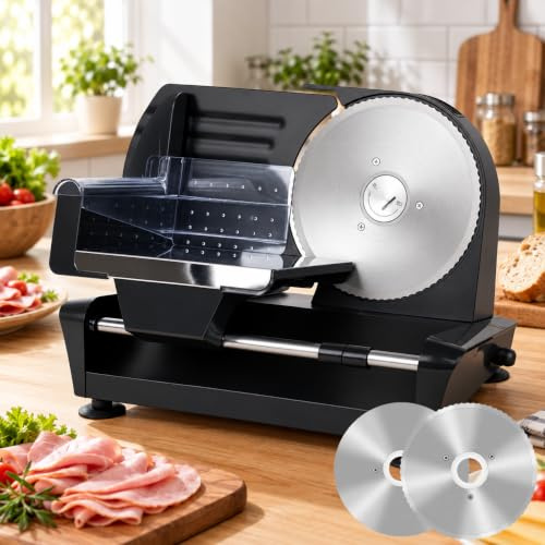 MoraRise Electric Meat Slicer Machine for Home, 0-20mm Adjustable Thickness | 2 x 19cm Stainless Steel Blades for Meat, Ham, Cheese, Bread & Biltong, 200W, Ideal for Home Deli Slicing
