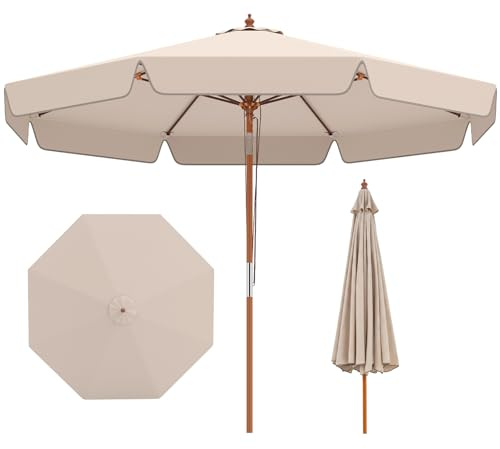 COSTWAY Sonnenschirm 300 cm, Gartenschirm aus Holz, beidseitig um 30° knickbar, Balkonschirm mit Volant, Terrassenschirm, Marktschirm für Garten, Balkon, Terrasse (Beige)