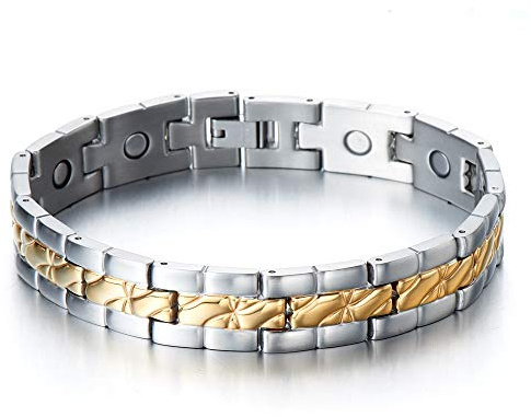 COOLSTEELANDBEYOND Magnetico, Pulsera de Hombre, Acero Inoxidable, con Imanes, Link, Brazalete, Oro Plata Dos Tonos