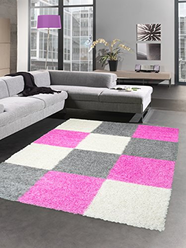 CARPETIA Shaggy Teppich Hochflor Langflor Bettvorleger Wohnzimmer Teppich Läufer Karo pink rosa grau Creme Größe 80x150 cm