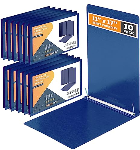 10 Pack of 11”x17” Landscape Pressboard Presentation Binder Folder, Blue Fiberboard Report Cover with 3 Capacity Metal Prong Paper Fastener, Heavy-Duty Document Binder for Reports and Proposals