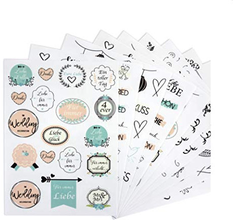 WeddingTree 199 x Sticker Hochzeit Gästebuch 10 Blatt A5 - Aufkleber Gästebuch Hochzeit Sticker - Sticker Fotobuch – Hochzeitsdeko - Hochzeit Sticker Gästebuch - auch für Karten Geschenke und DIY