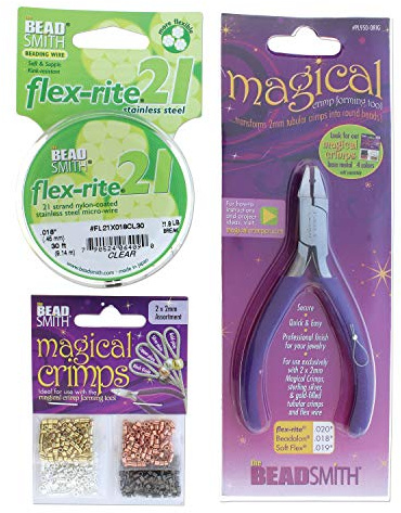 The Beadsmith Magical Crimper Kit - Includes Crimp Forming Pliers, 500 2x2 mm Crimp Tubes in Assorted Colors, and 21-Strand Flex-Rite Wire