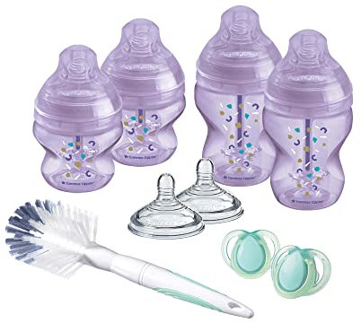 Tommee Tippee Anti-Kolik-Babyflaschen Starterset, Natürlich geformter Trinksauger und Spezielles Anti-Kolik-Entlüftungssystem, Verschiedene Größen, Lila