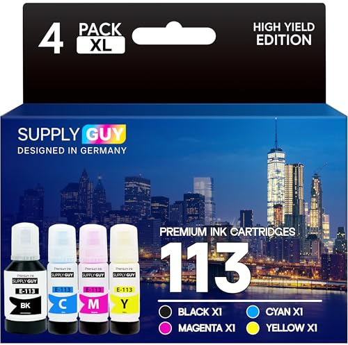 Supply Guy ink compatible with Epson 113 for Epson EcoTank ET-5150 ET-5170 ET-5800 ET-5850 ET-16150 ET-16650 (4 Ink Bottles 1x127ml, 3x70ml)