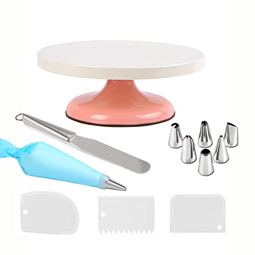 Cake Turntable Rotating, Upgraded Cake Decorating Supplies with Piping Tips Set, Icing Scrapers, Stainless Steel Icing Spatula for Baking Cake Making Pink