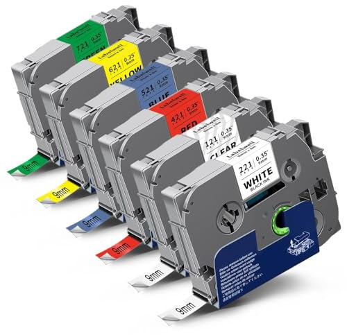 6x Labelwell kompatibel für TZe 9mm Schriftband für Brother TZe-221 TZe-121 TZe-421 TZe-521 TZe-621 TZe-721 Tape für Brother P-touch PT-H107B PT-H105 PT-H100 PT-H110 PT-P710BT E100 PT-D400 D210VP